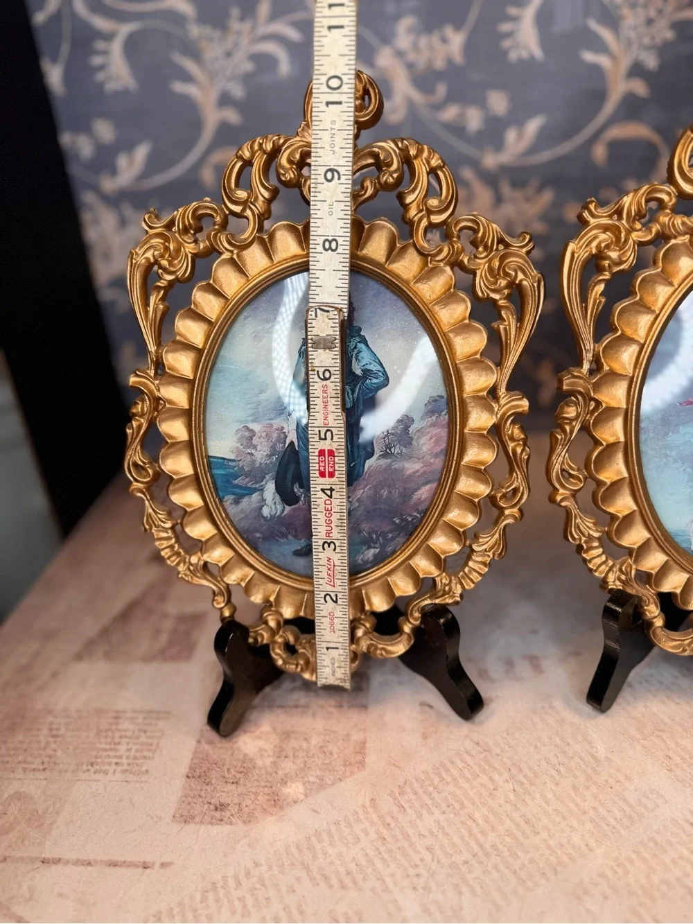 Vintage Pinky & Blue Boy Convex Print Pair Ornate Gold Tone Resin Frames